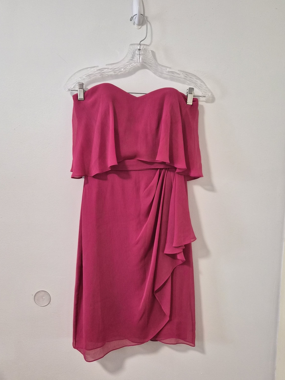 Badgley Mischka Strapless Ruffle Midi Dress in Fuchsia